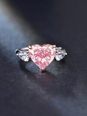 大型 ピンク ラボ 成長 ダイヤモンド リング 心形 4.19ct 18k 白金 リング